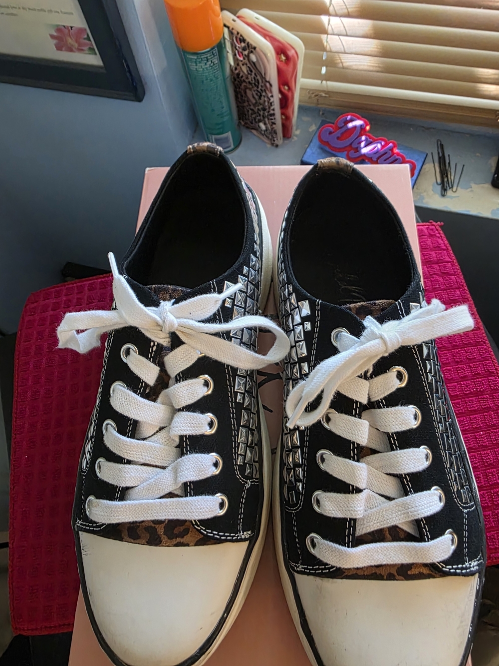 Wild Pair Black and White Leopard Accent Studded Lace-Up Sneakers